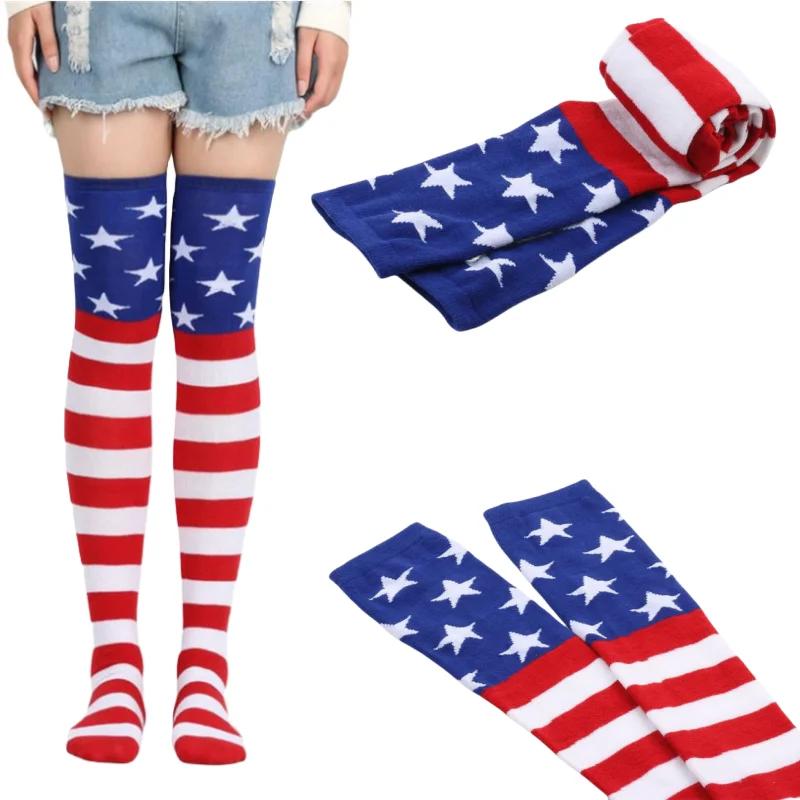 Yiran Sexy Lingerie Women's White Knee High Socks American Flag Stockings Sock Star Spangled Banner Over Sock Thigh High Stocking Cm