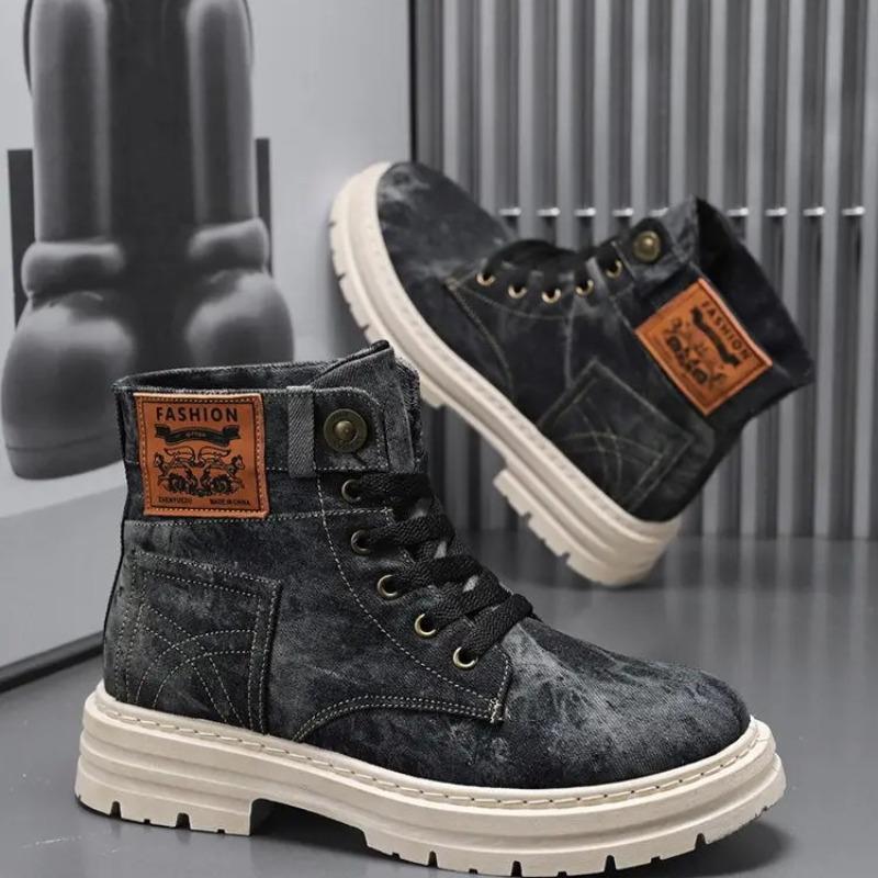 Herren High Top Stiefel Klassische Denim Canvas Stiefel Schnürung Knöchelhohe Stiefel Outdoor Rutschfeste Plateau Stiefeletten Große Größen 39-48 Herrenstiefel
