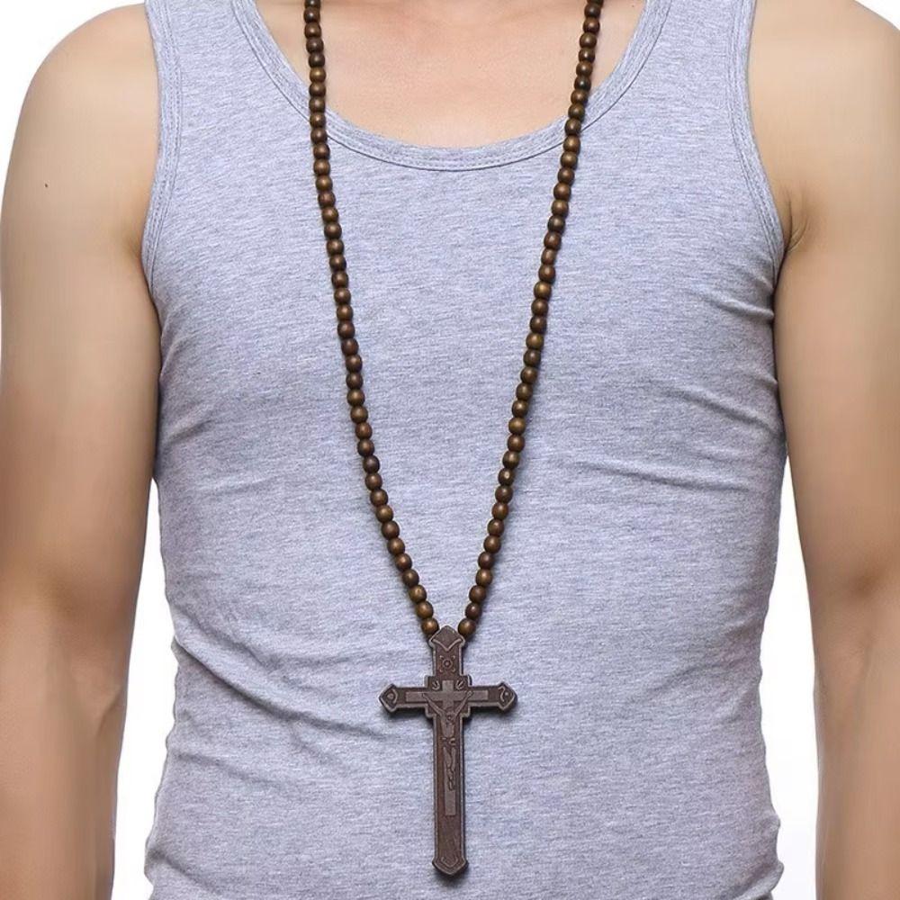 Houten Handgemaakte Rozenkrans Ketting Religieus Kruis Hanger Ketting Houten Kralen Ketting Bidden