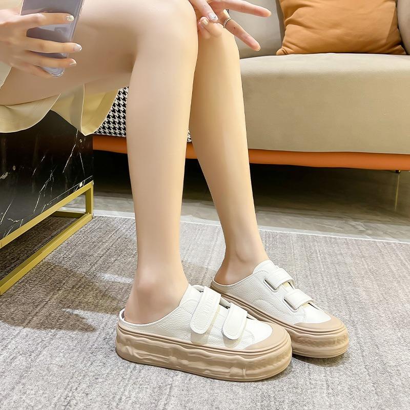 Half Slippers Women's Outer Wear Summer New Models Without Heel Dissolving Shoes Genuine Leather One Pedal White Shoes Bag Head Half Tray