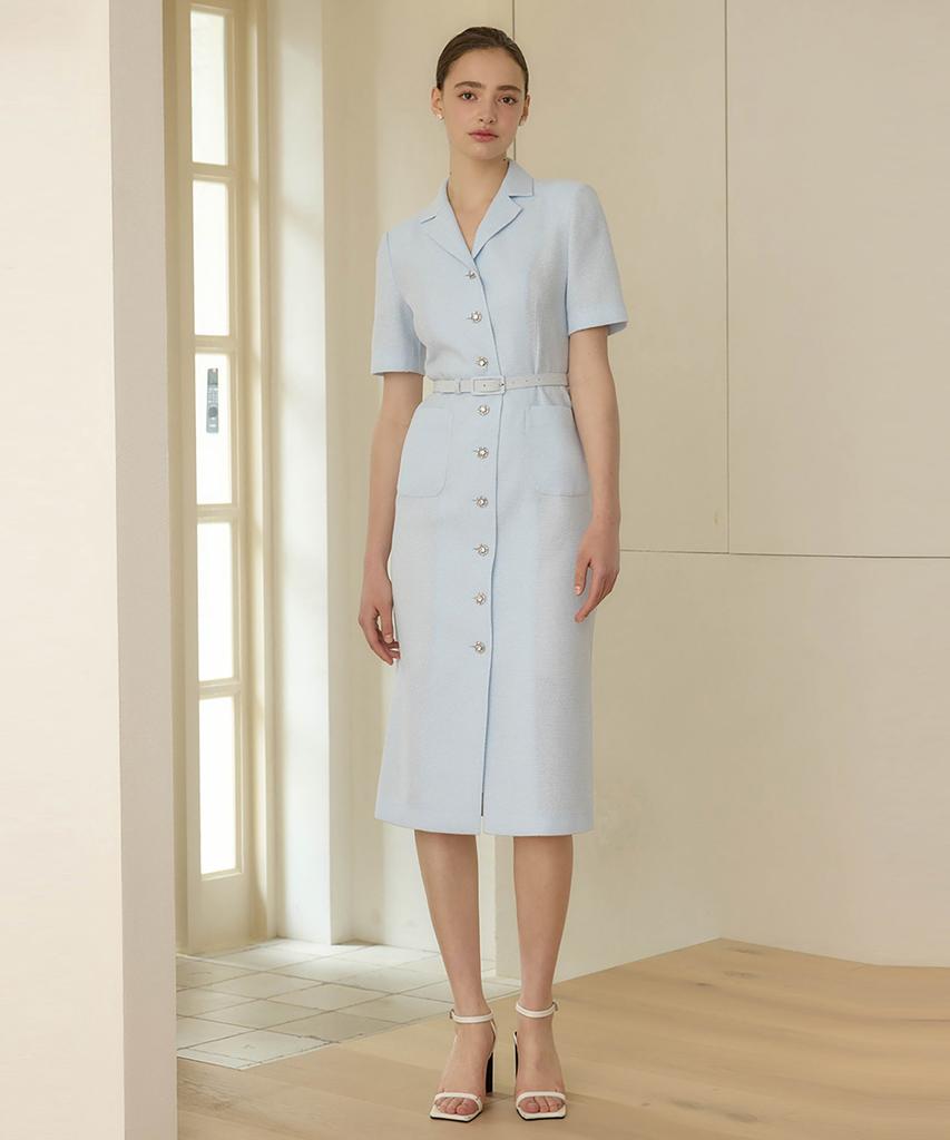 JULIY&CALLA 25Hs Collar 120 Terroir Line Queen Long Tweed Dress Sky Blue