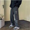 JYL Men's Straight Jeans  Cross Print Vintage High-Street Loose Denim Pants