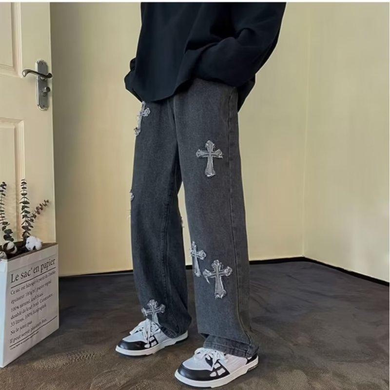 JYL Men's Straight Jeans  Cross Print Vintage High-Street Loose Denim Pants