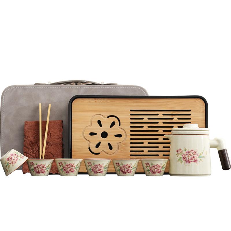 Retro Ru Kiln Travel Kung Fu Tea Set Peony Light Luxury Set Outdoor Tea Pot Kuaike Cup Guochao Gift