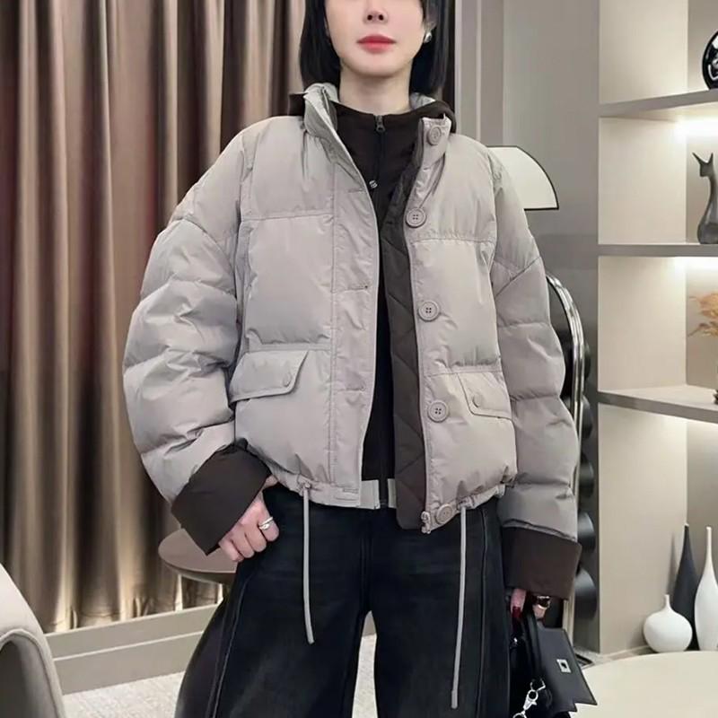 

Women s 2024 Winter Color Block Stand Collar Down Cotton Short Jacket Large сірий колір