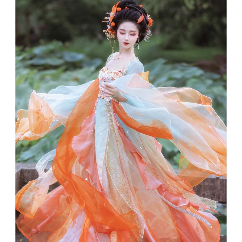 

Династія Тан Ханьфу Жіноча вишита сорочка з великими рукавами з метеликами Комплект спідниці з коливанням на грудях Важка промисловість Супер-неземна літня сукня принцеси L