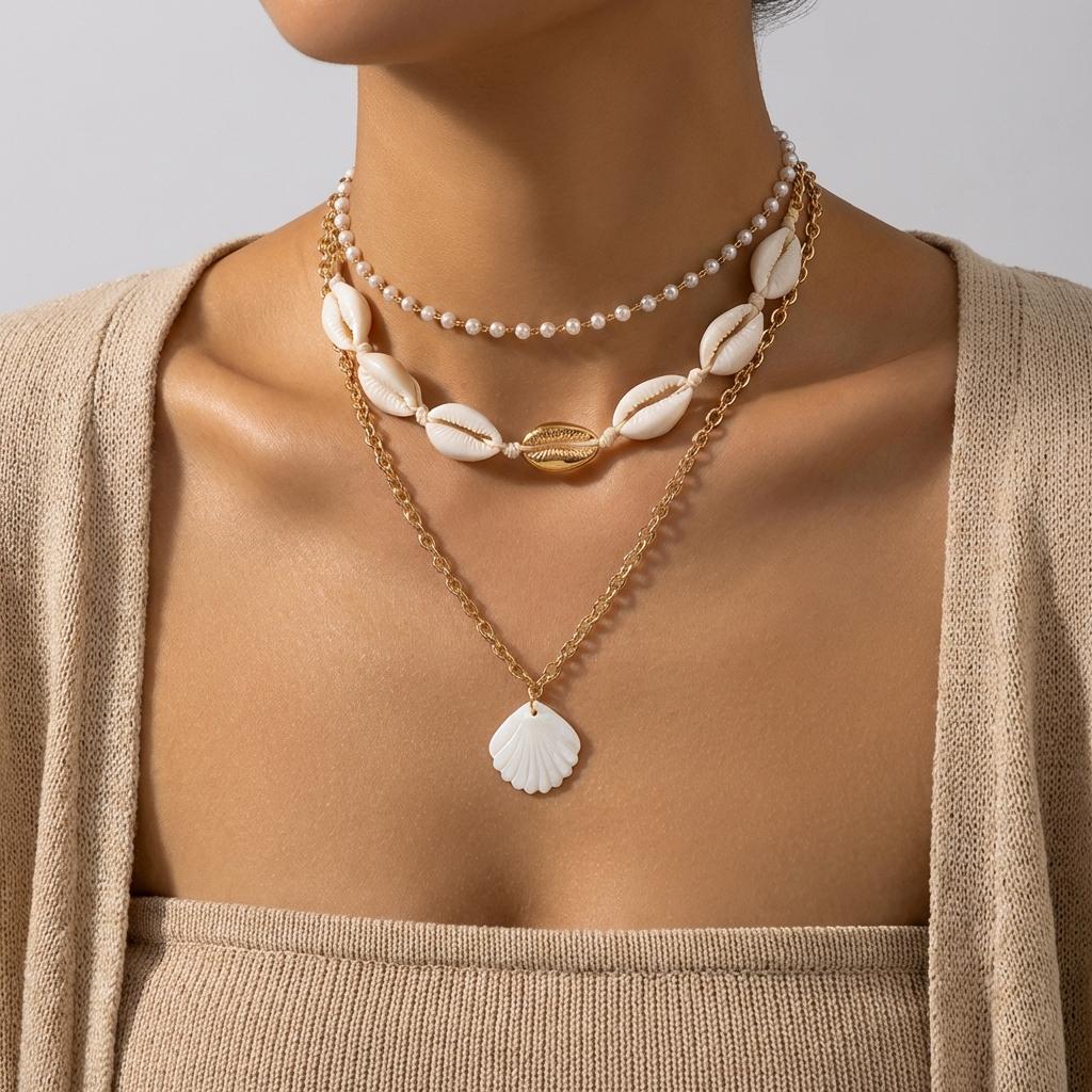 Bohemian Multi-layer Starfish Shell Pendant Necklace for Women Beach Imitation Pearl Metal Beads Choker Neck Chain Party Jewelry