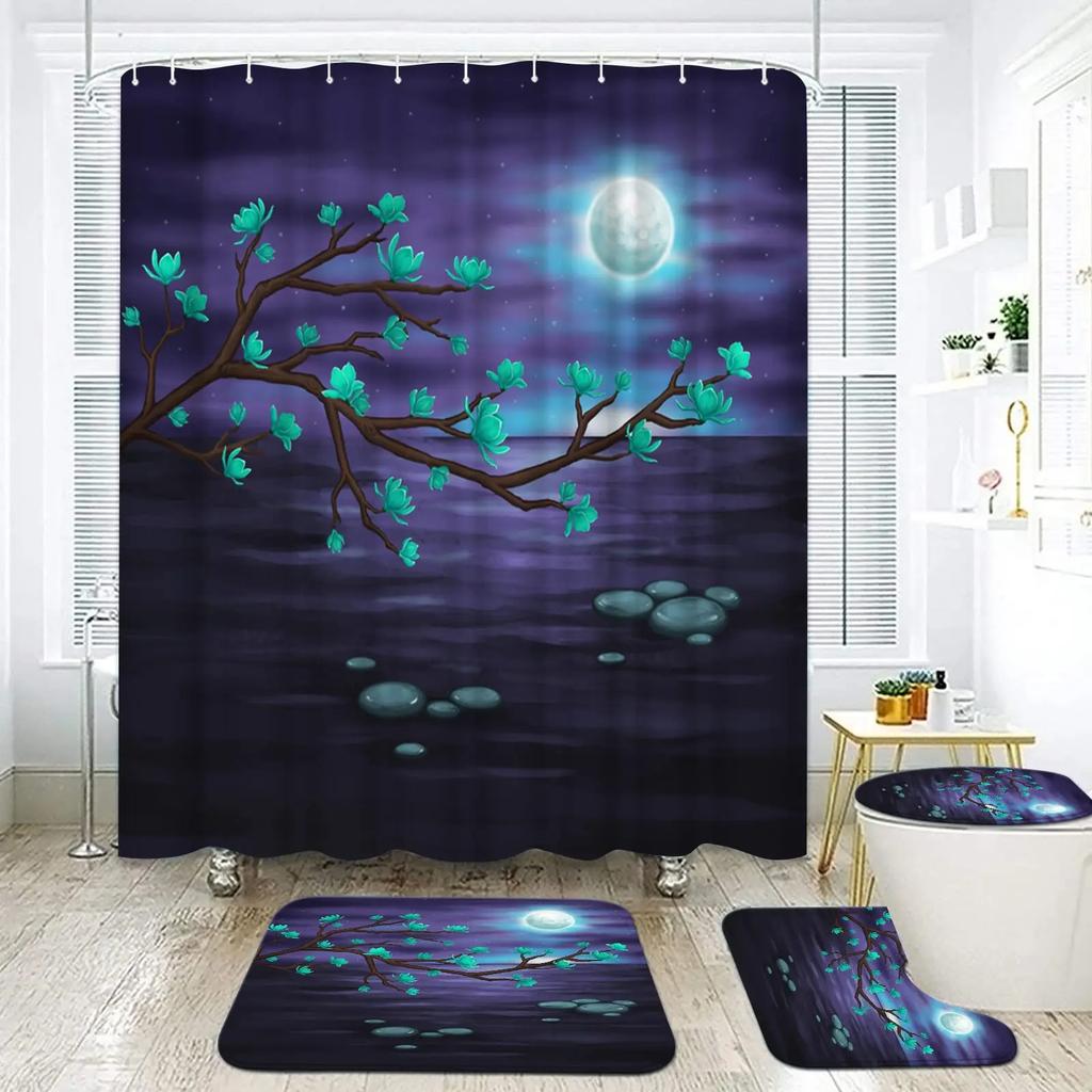 Moon Phase Moonlit Shower Curtain Set Black Celestial Flower Floral Herbs Ivy Surrounded Vines Toilet Lid Cover Bath Mat Rug Set