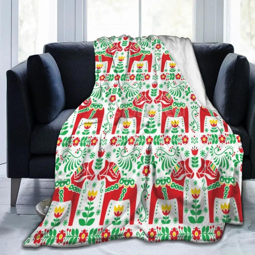 Flannel Fleece Throw Blanket for Couch, Floral Swedish Dala Horses Lightweight Plush Fuzzy Cozy Soft Blankets Throws Bed Sofa