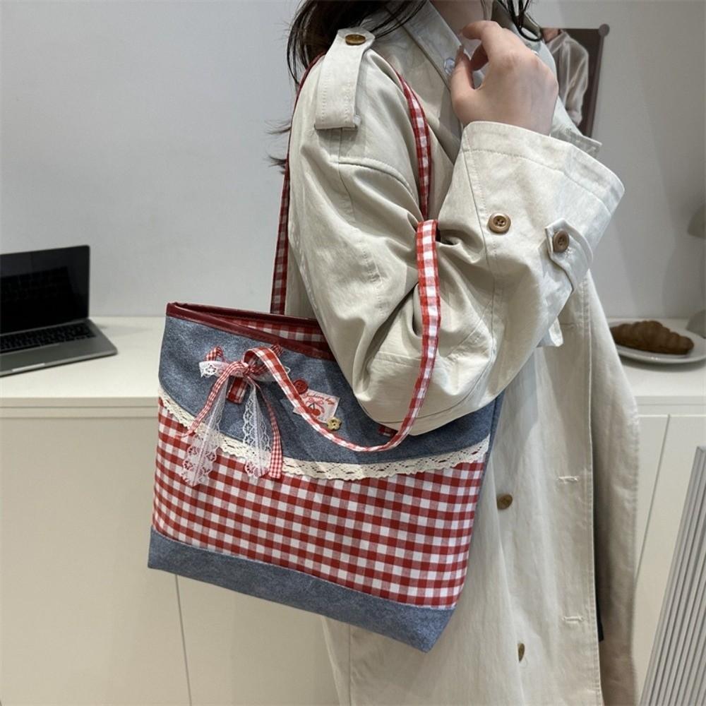 Fashion Lattice Lace Bow Shoulder Bag Casual Large Capacity Handbag Versatile Tote Bag Women
