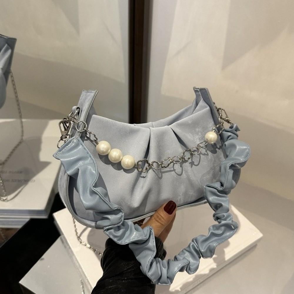 PU Leather Cloud Shoulder Bag Korean Style Pleated Handbag Pearl Chain Crossbody Bag  Office Worker
