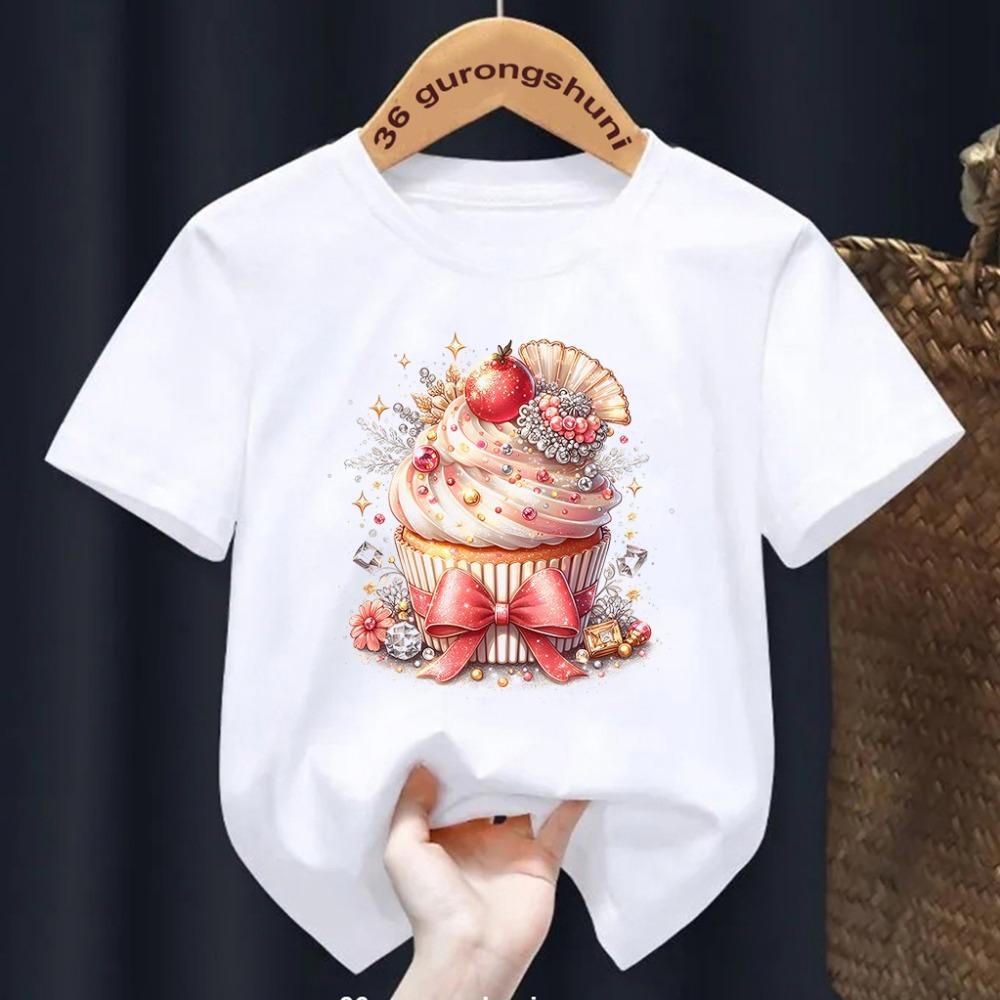 Erdbeerkuchen-Print T-Shirt Kinder Sommermode Kinder Cartoon T-Shirt Rundhals Kurzarm Mädchen T-Shirt Tops 1-14 Jahre