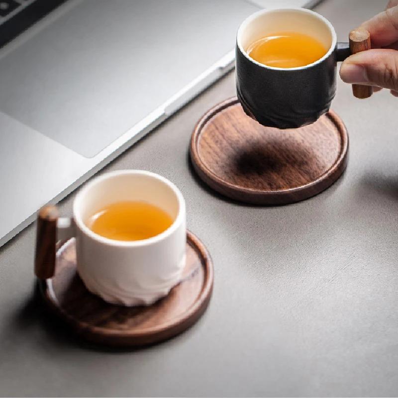 Wooden Handle Ceramic Coffee Cup Kung Fu Teacup Frosted Ceramic Mug Household Drinking Utensils Home Decoration Latte Flower Mug
