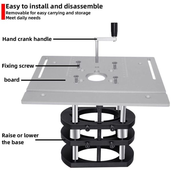 Élévateur de défonceuse réglable 54 mm – base alliage d'aluminium noire, manivelle