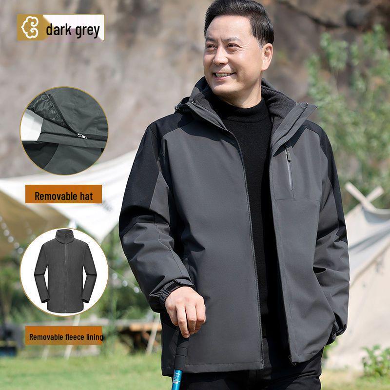 

Men s Mid-aged Three-in-One Detachable Windbreaker Jacket for Father s Spring & Autumn Comfort w/ Plus Velvet 170 [90-115 lbs]