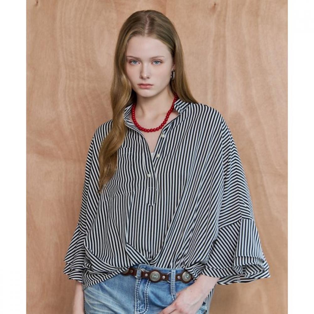 Maxza Stripe Pintuck Ruffle Sleeve Loose Fit Blouse Zd06qb500on