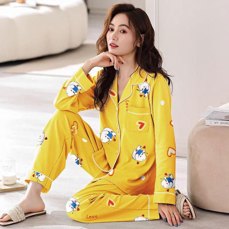 Spring And Autumn Pajamas Women'S Cardigan Long-Sleeved Trousers Korean Girls' Simple Cartoon Loungewear Suit Can Be Worn Outside