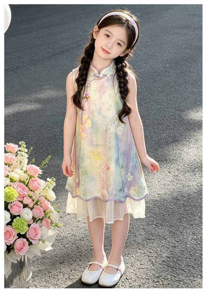 Girls' Summer Cheongsam Dress with Floral Print