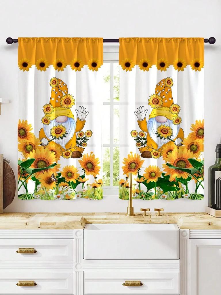 2 Pcs Window curtain,Modern Fresh Checkered Sunflower Printed Home Decoration Kitchen Bedroom Window Curtains With Rod Pocket