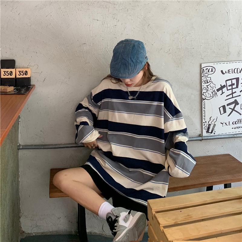 Loose Striped Long Sleeved T-shirt for Women