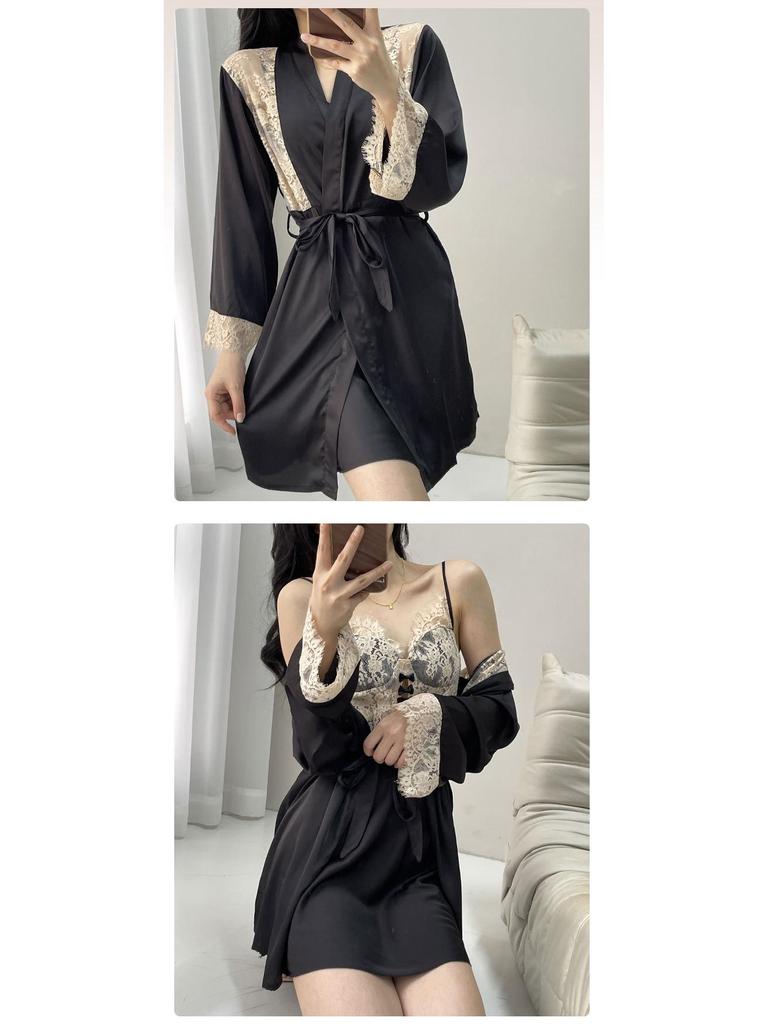 2025 High-End Women's Ice Silk Lace Spaghetti Strap Nightdress & Pajama Set