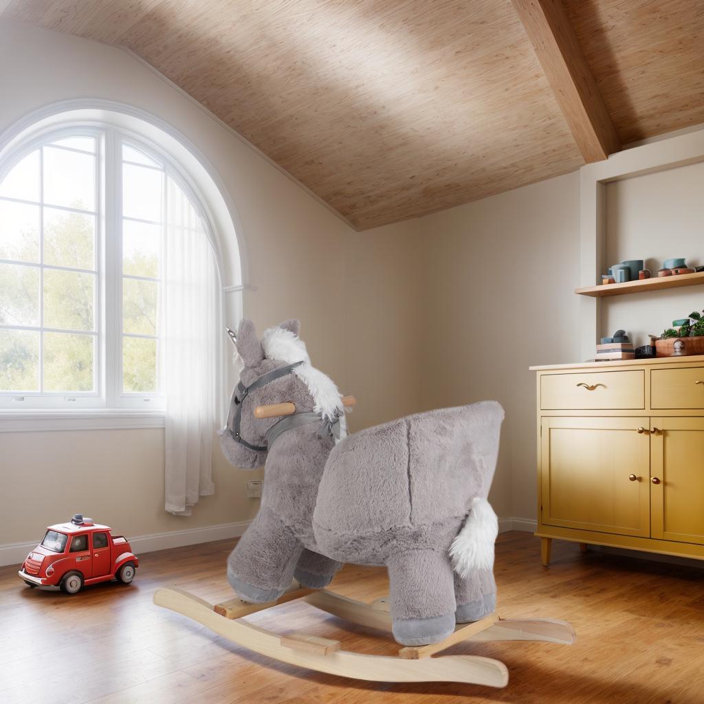 Plush Musical Rocking Horse with Wooden Base, Perfect First Birthday Gift for One-Year-Olds.