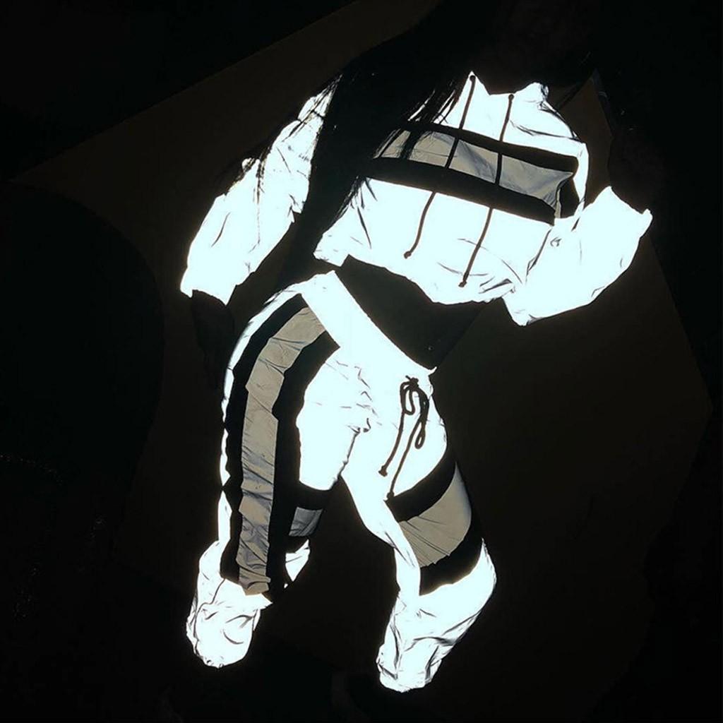 Frauen Casual Reflektierende Spleißen Set Langarm Crop Tops + Hosen