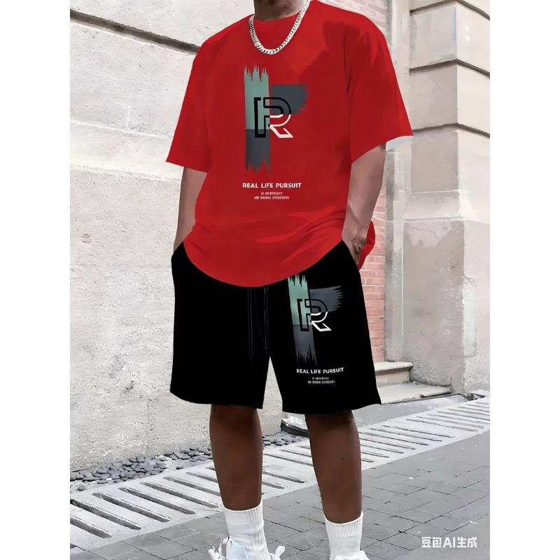 Summer Pattern Printed Men's Casual Two-piece Set Round-neck