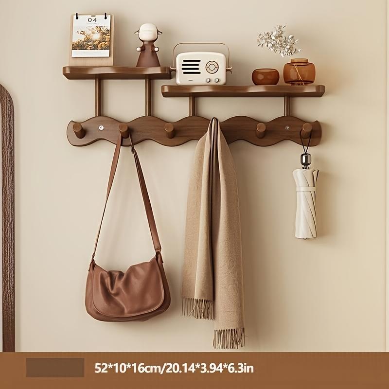 Wall Mounted Coat Rack with Hooks, No Drill Adhesive Wooden Entryway Organizer for Hats Bags, Space Saving Wall Hanger Bedroom