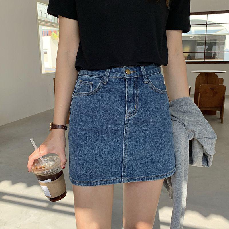 Korean Retro High-Waist Dark Blue Denim A-Line Skirt