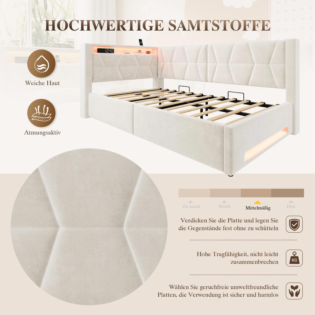 Letto imbottito 90x200 cm con contenitore, illuminazione a LED sulla testiera e sulla pediera, USB e Type-C, box letto idraulico, rete a doghe, letto singolo, beige