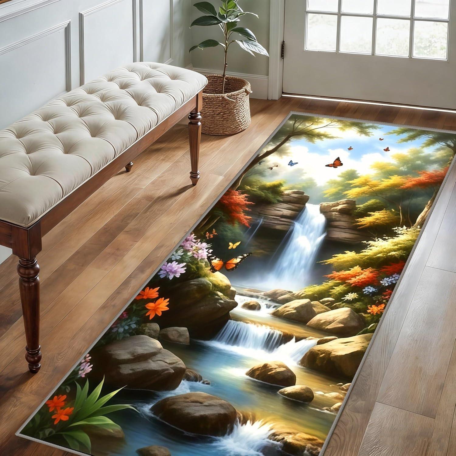 

2D Canyon River Optical Illusion Runner Rug Turquoise Canyon Stream Print Non-Slip Carpet Modern Nature Landscape Themed Mat 40X120CM