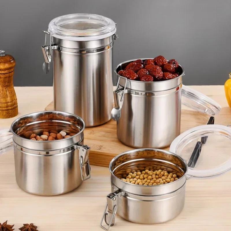 1100/1800mL Stainless Steel Lock Catch Storage Jars Moisture-proof Coffee Bean Scented Tea Bean Kitchen Food Storage Container