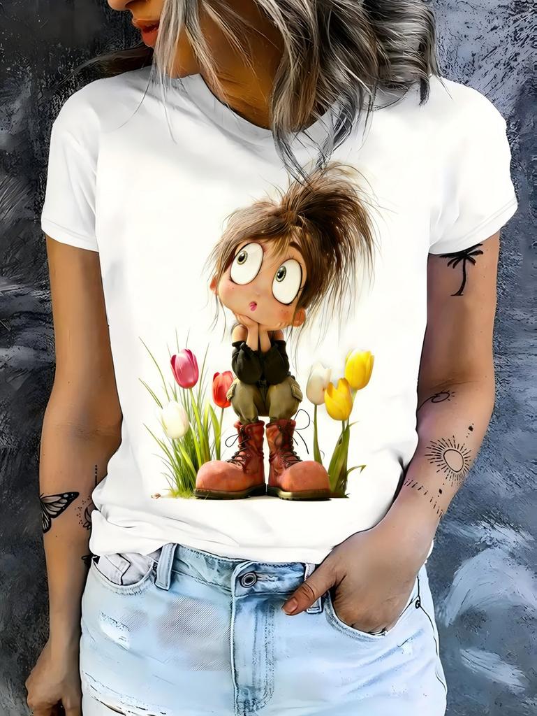 Women's Short Sleeved T-Shirts Cute Cartoon Girl Graphic Summer Casual Women's O-Neck Y2k Tops T-Shirt Street Elegant Clothing