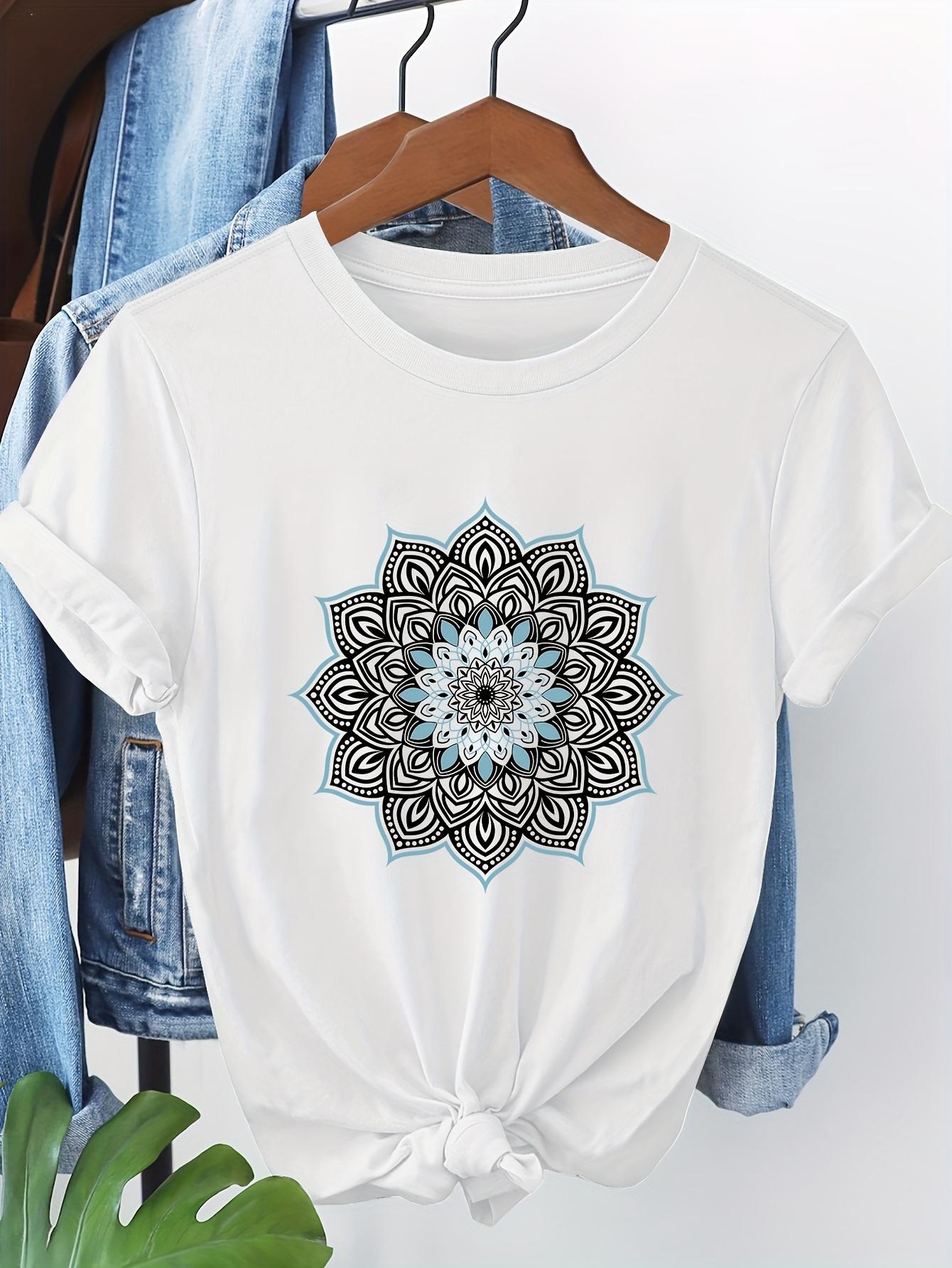 

AWomen s Floral Mandala Print Short Sleeve T-Shirt Casual Round Neck Top with Teal Black Artwork Urban Style Printed T-Shirt S