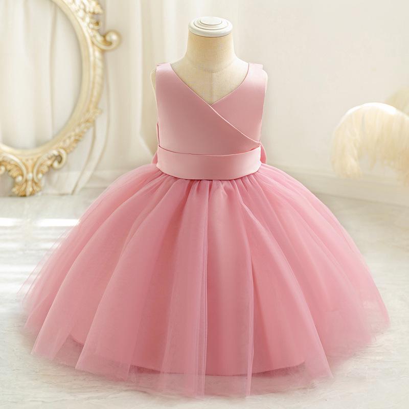Cross-Border Baby Girl Mesh Princess Dress | V-Neck Puff Bow Design | Summer Flower Girl Wedding Attire