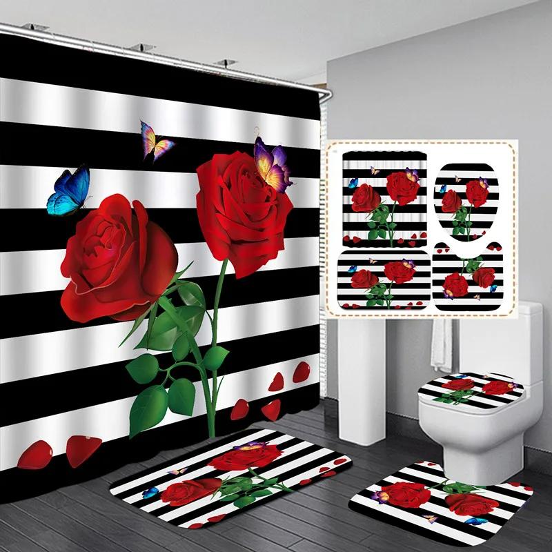 Modern Flowers And Butterfly Waterproof Shower Curtain Set Toilet Seat Cover Bath Nonslip Mat Rug Carpet Bathroom Decor Washable