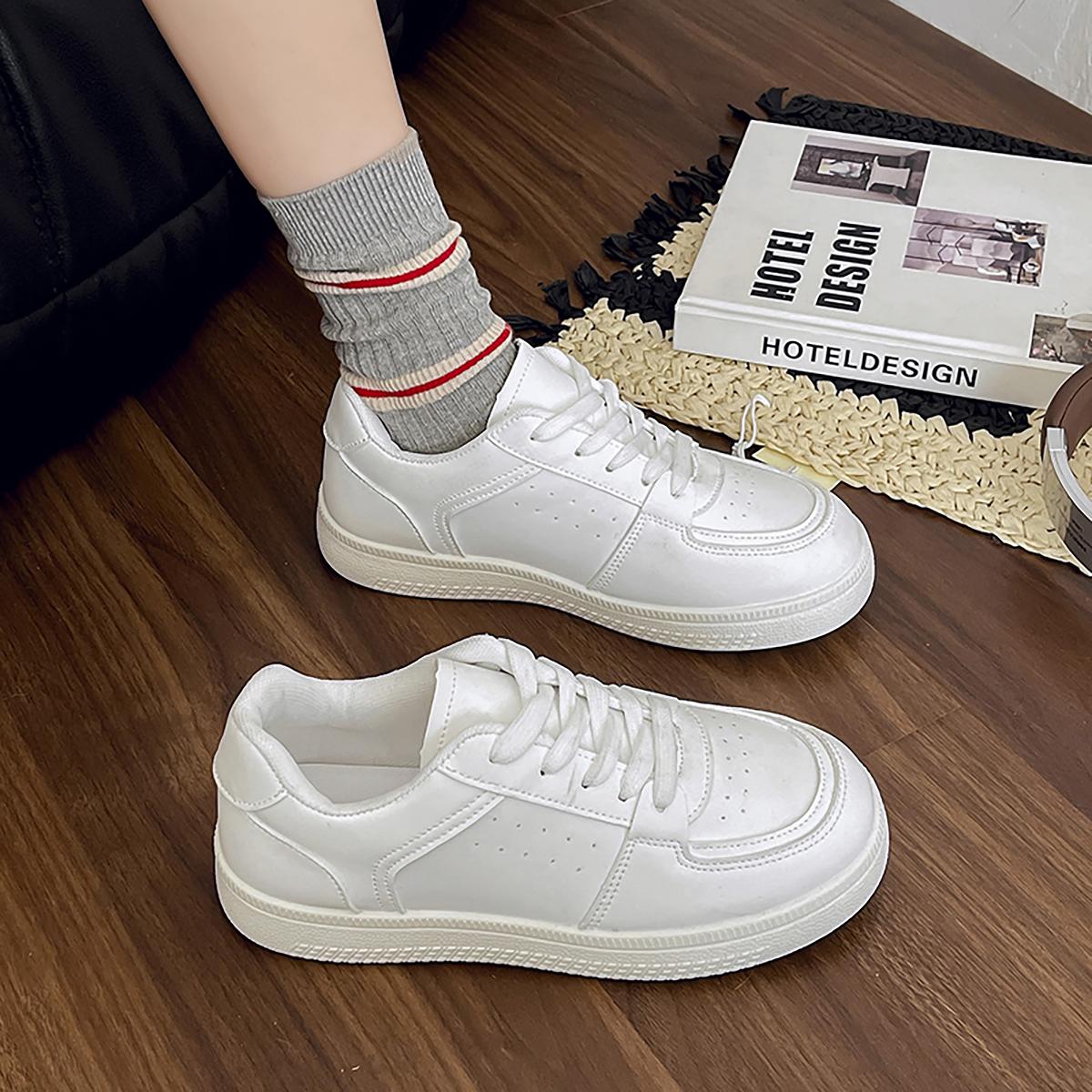 

Spring Women s Outdoor Sports Shoes Solid Color White Shoes Faux Leather Lace-Up Shoes Athletic Sneakers For Casual Activit 35