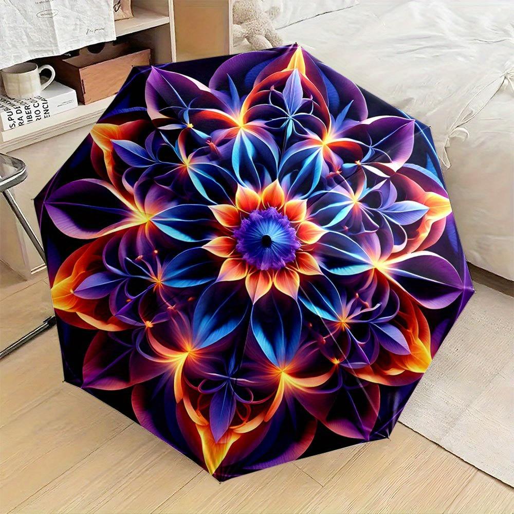 

This Compact Umbrella Showcases Lively, Swirling Floral Designs with Petal-Like Motifs in Hues of Blue, Purple, And Orange; It (as the picture,iron&8K)