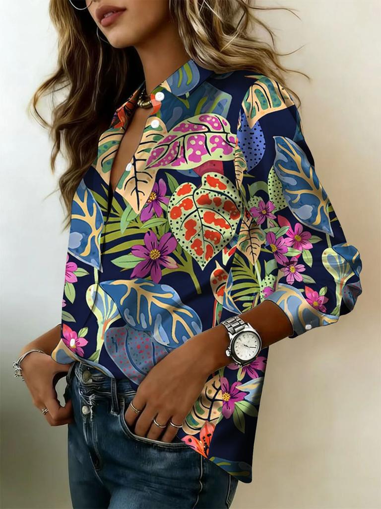 Women's shirt, featuring a vibrant tropical floral design, with long sleeves and button closure, is perfect for beach vacations and casual outings.