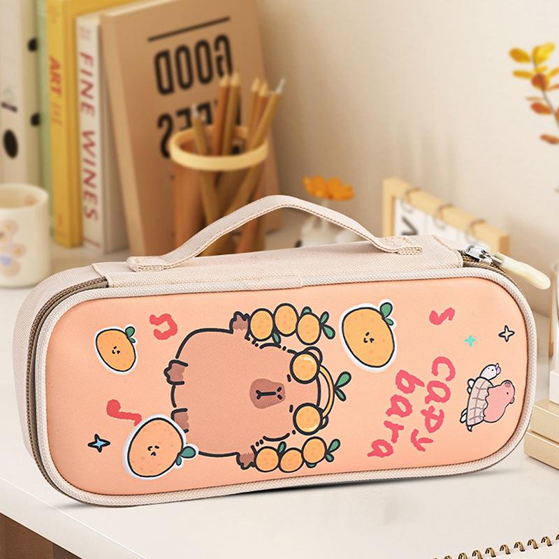 Cartoon Cute Capybara Pencil Case With Handle Portable Pen Bag Student Stationery School Supplies Large Capacity Storage Pen Box