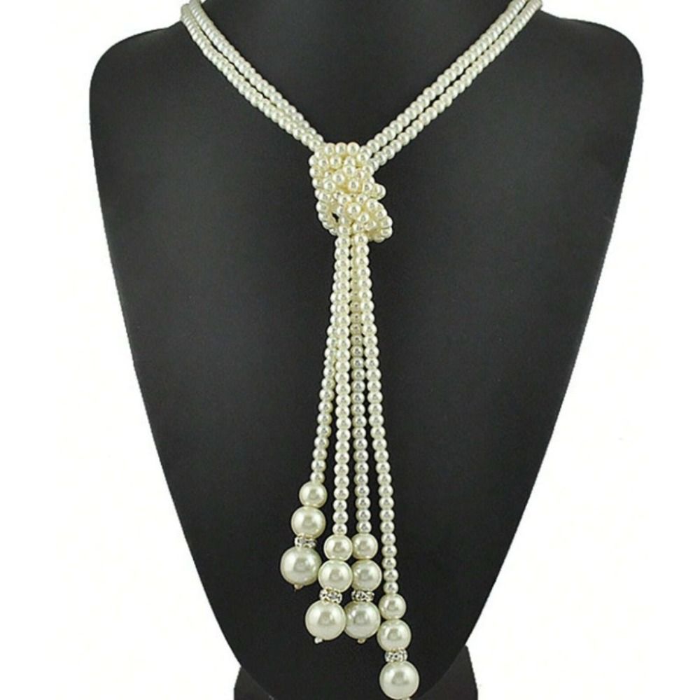 Sweater Chain Imitation Pearl Necklace Long Chain Knotted Necklace  1920s Gatsby Style