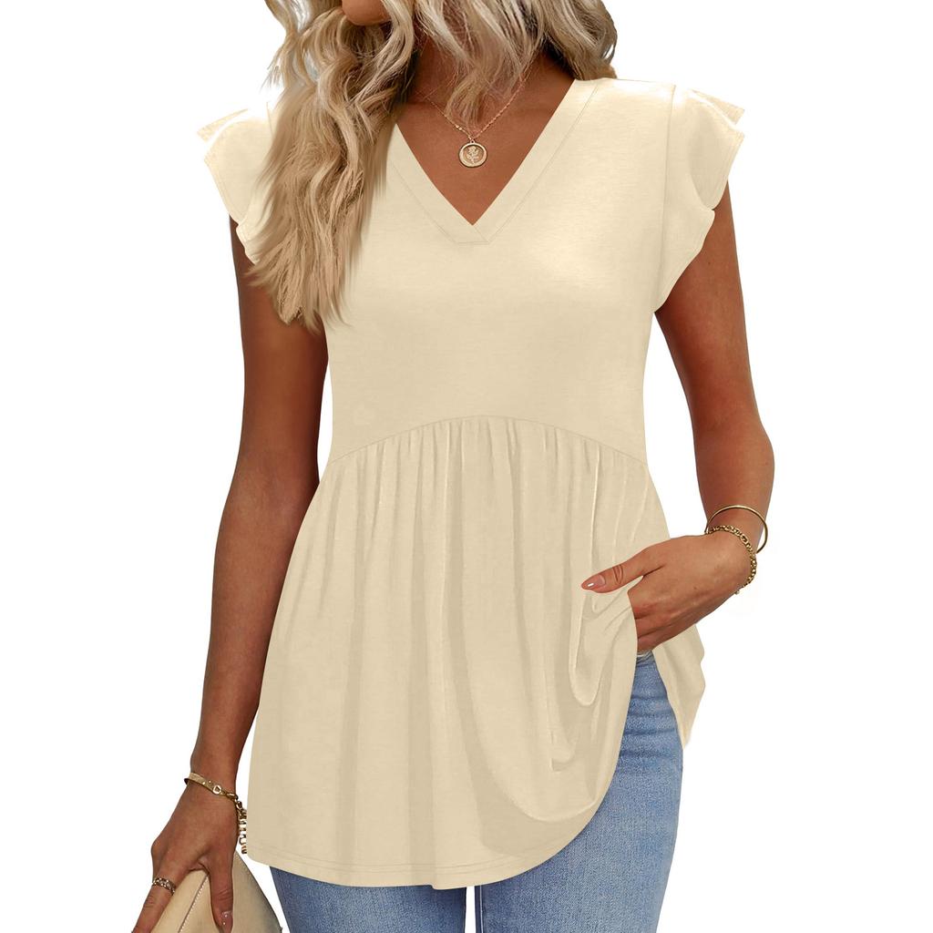 Womens Tops Fashionable V-neck Ruffled Sleeve Short-sleeved T-shirt Business Blouses