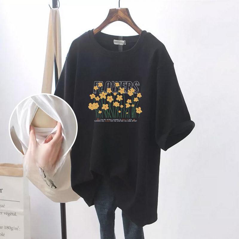 Short-Sleeve Nursing Tops: Loose, Mid-length T-shirts Ideal for Summer Breastfeeding, Providing Fashionable Hip and Belly Coverage.