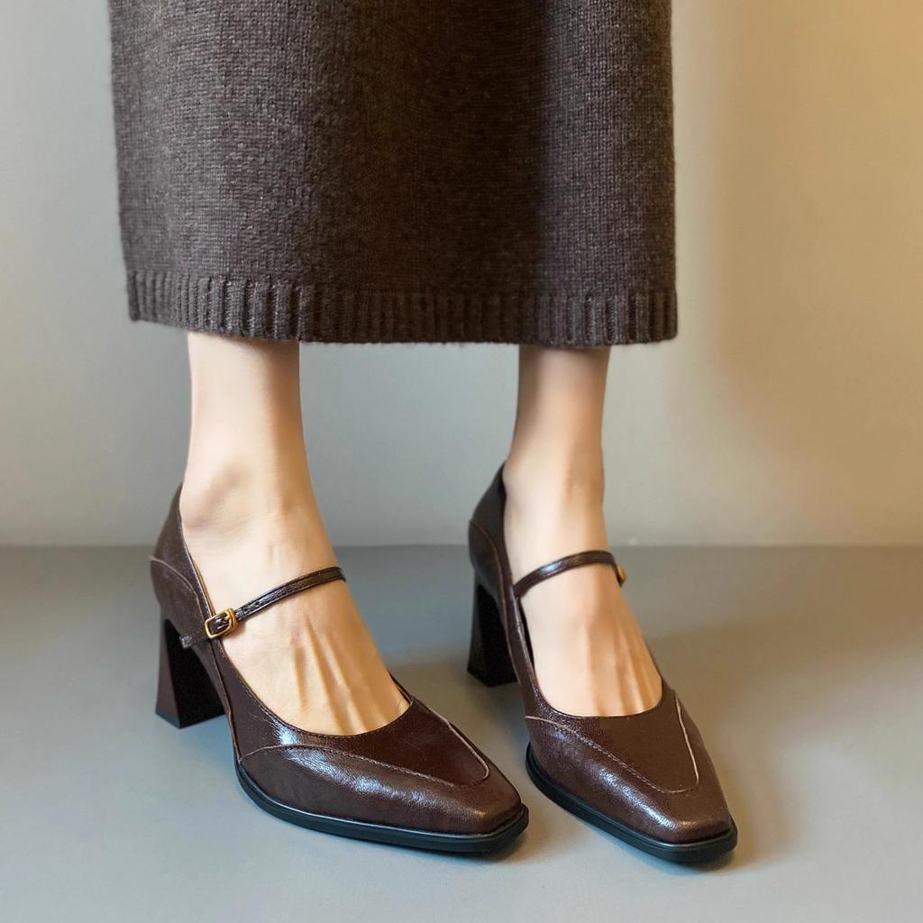 Fashion 2025 New Heeled Shoes Woman Retro Shallow Mouth High Heel Mary Jane Shoes Black Brown Square Head Pumps Fashion Heels for Ladies