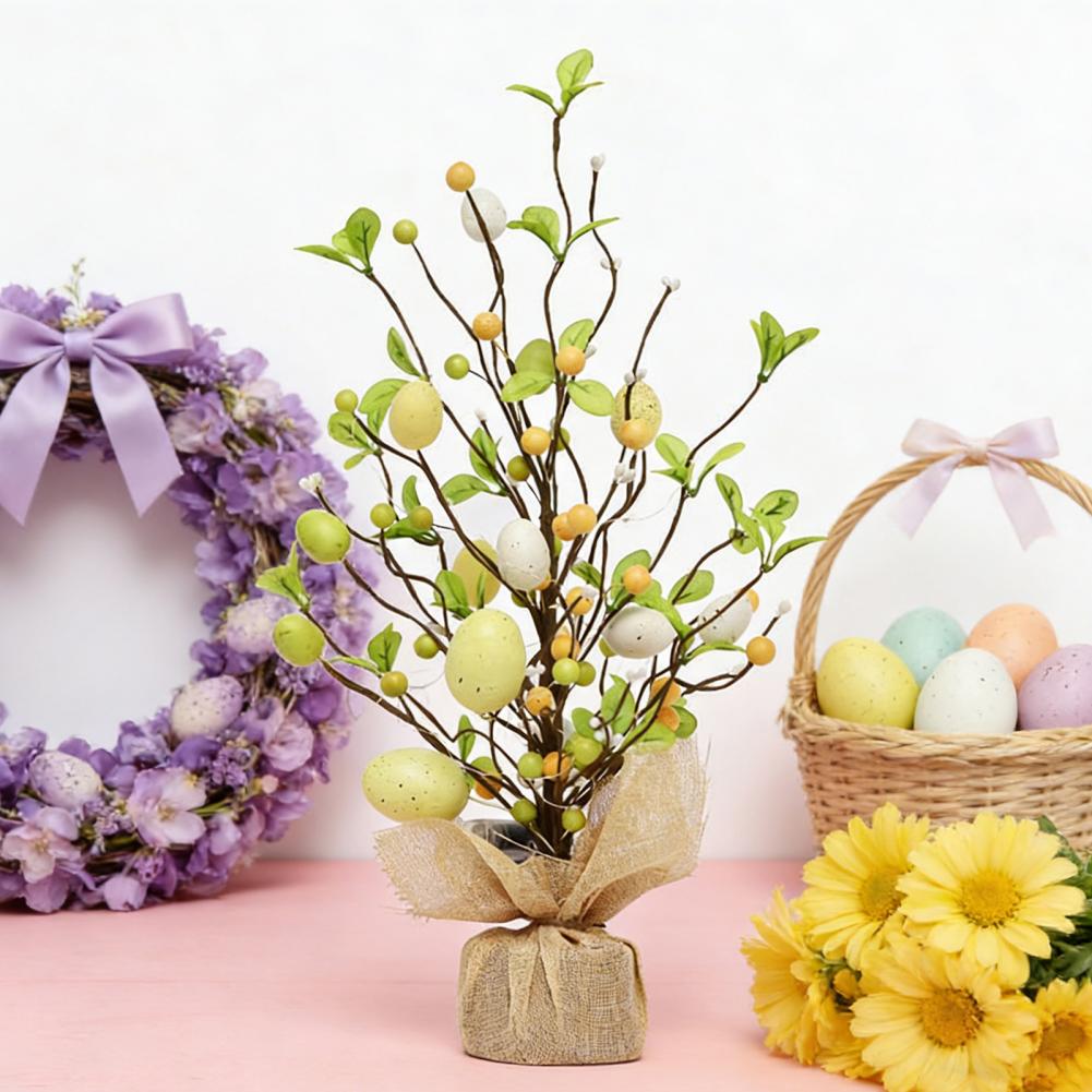 Pre-lit Easter Egg Tree With Burlap Base Battery Powered Easter Birch Tree LED Light Tabletop Centerpiece For Home Party Decor