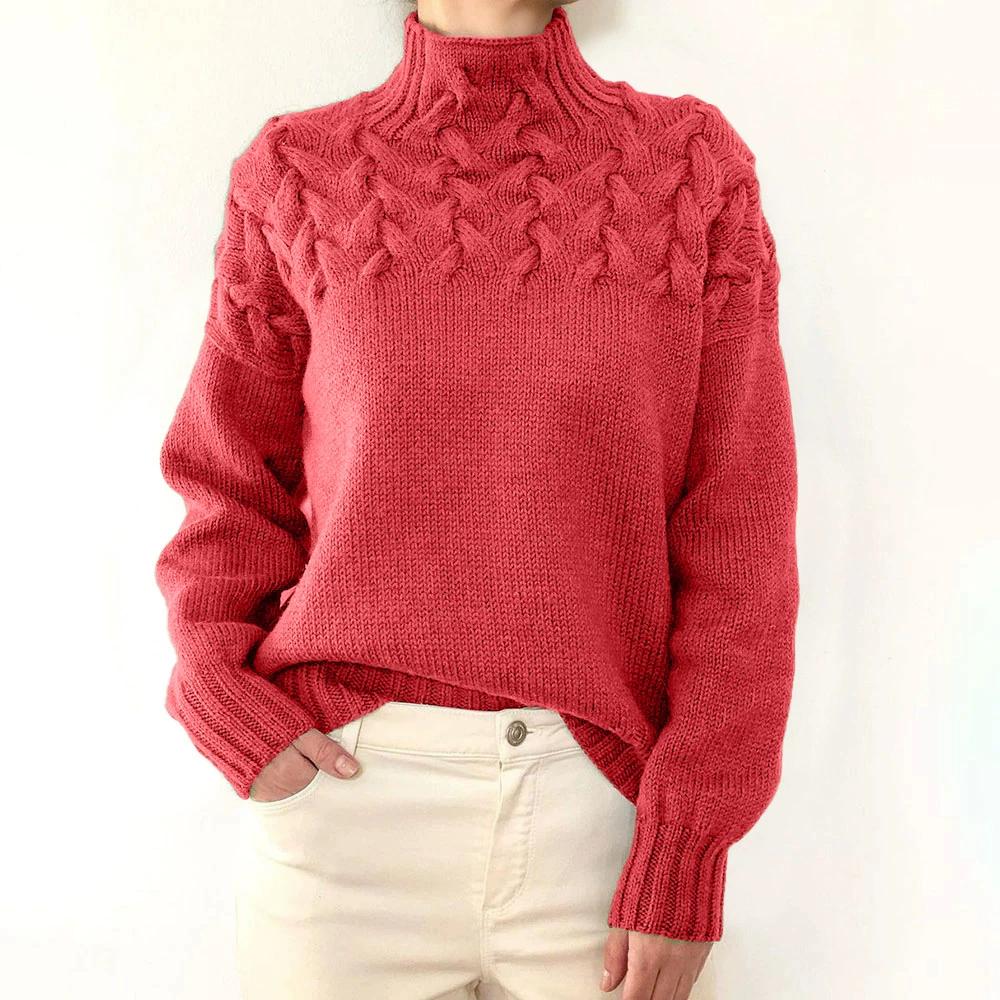 Women's Fashion Cable Weaving Details High Collar Long Sleeve Sweater for Women