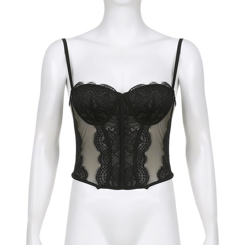Frauen Spitze Mesh Mesh Spleißen Fisch Knochen Schlank Kleine Weste Freigelegtes Schlüsselbein mit Brust Pad Perspektive Hosenträger Tops