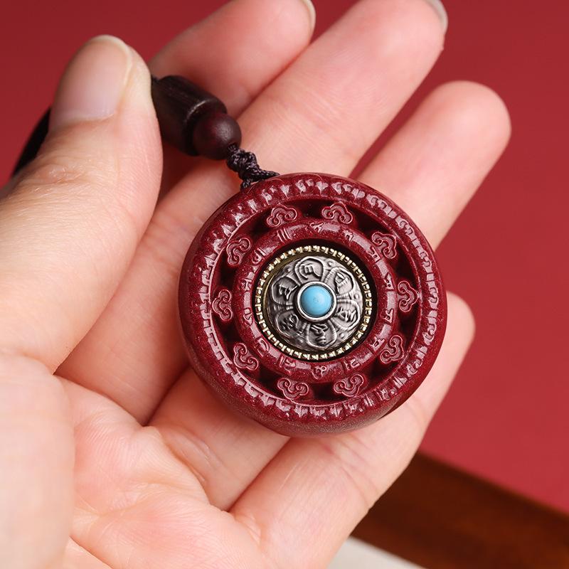Natural Purple Gold Sand Cinnabar Pendant Necklace for Men and Women, Six-character Mantra Rotating Prayer Bead Pendant, Auspicious Amulet for Peace