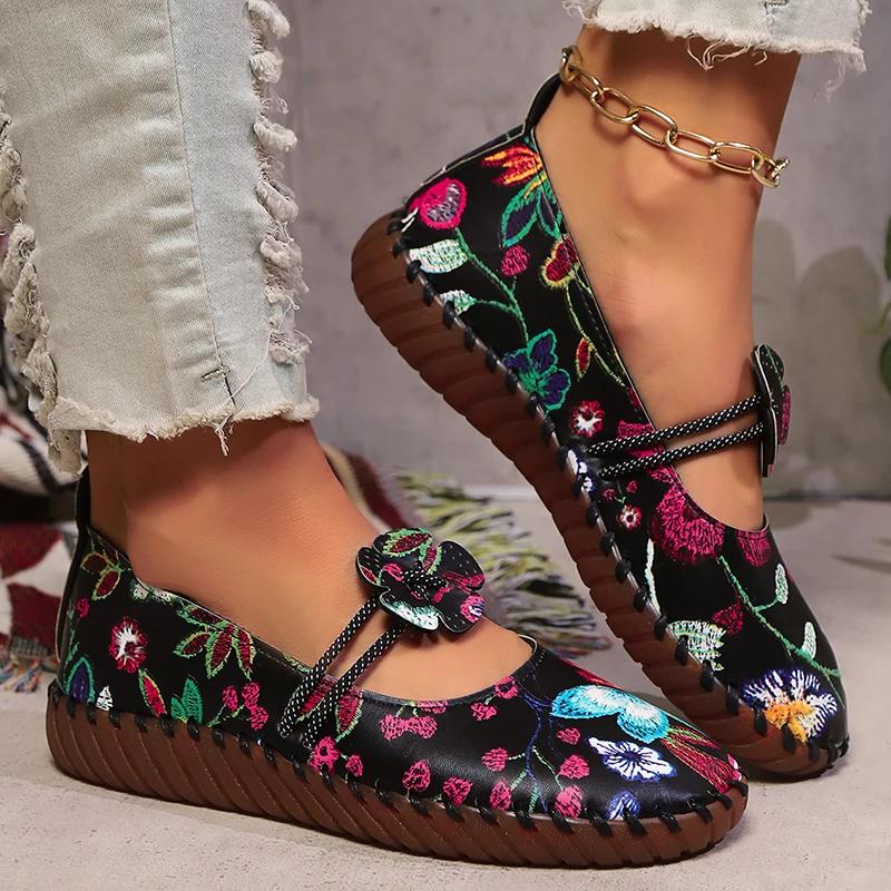 Fashion Floral Embroider Flats for Women Plus Size Print Pu Leather Platform Loafers Woman 2025 Summer Soft Sole Non Slip Casual Shoes